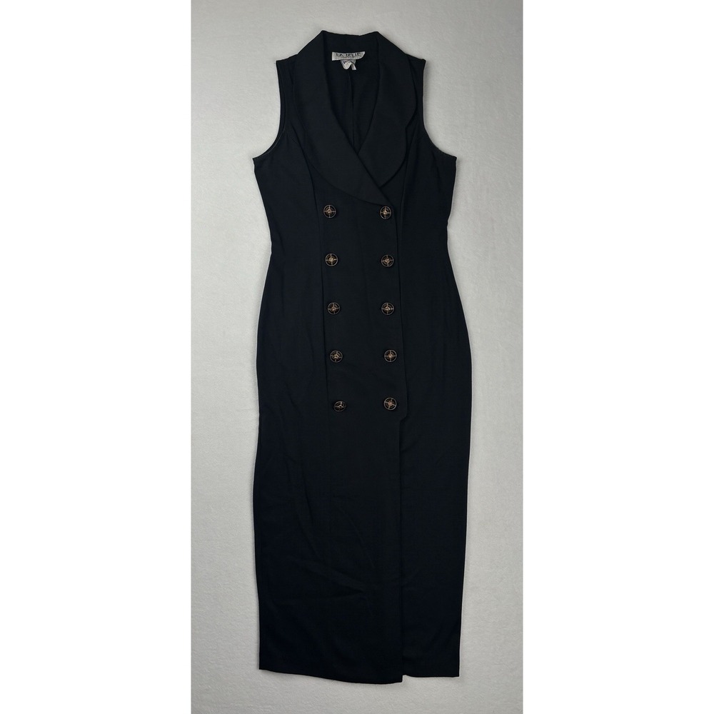 Vintage LaBelle Black Double Breasted Sleeveless Midi Dress Size 5 USA